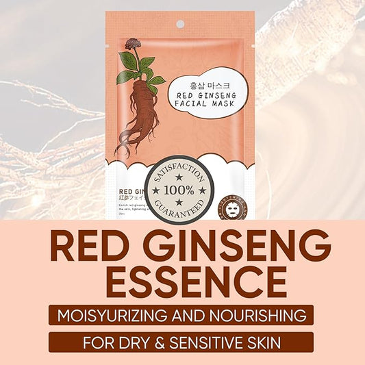 10Pack Sheet Face Masks Skincare for All Skin Types, Moisturizing Hydrating Facial Masks Suitable for Sensitive Skin, Red Ginseng Face Masks for Wrinkles, Fine-Lines, Firmness and Elasticity