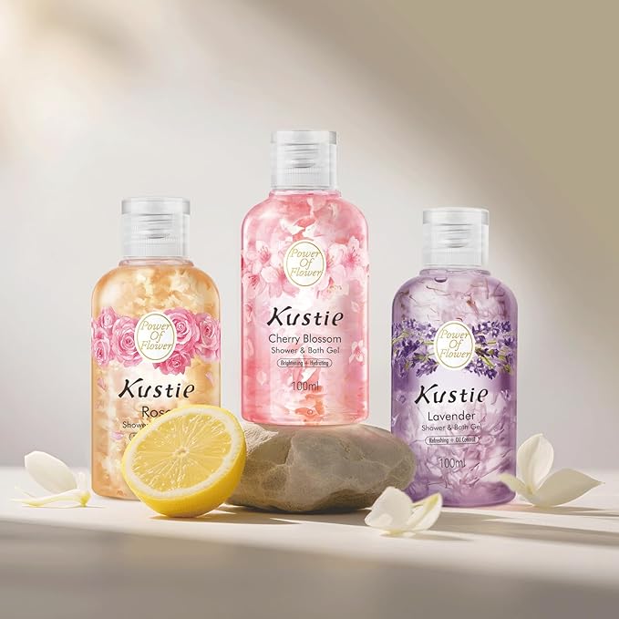 Kustie Lavender Travel Size Body Wash – 100ml Mini Shower Gel with Real Provence Petals & Tea Tree Oil – Antibacterial, Moisturizing, 24HR Floral Scent for Oily, Sensitive & Acne-Prone Skin