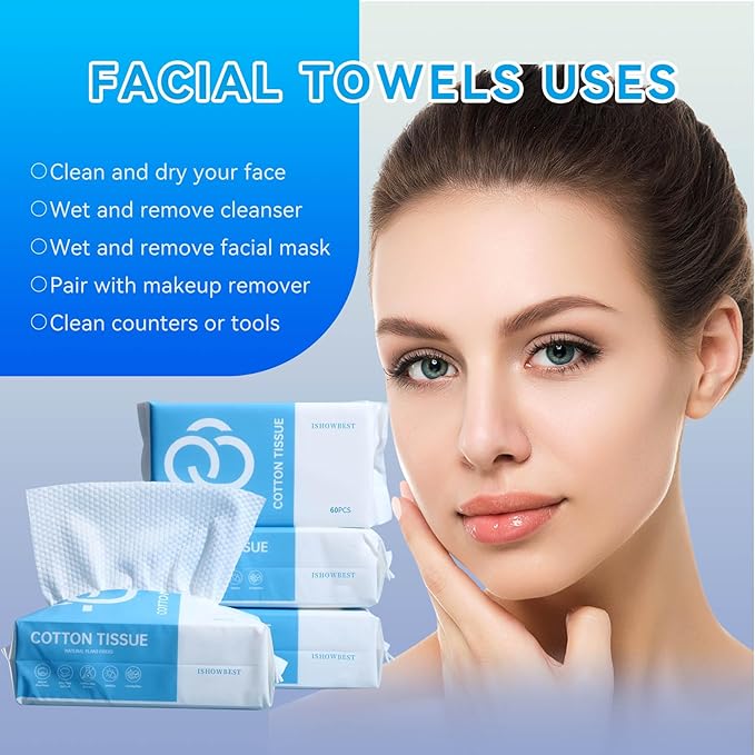 Disposable Face Towel,ISHOWBEST 60 Count Clean Face Towels, Biodegradable Cotton Towelettes Disposable for Sensitive Skin, Skin Care, Makeup Remover, Facial Cleansing Wipe, 1 Pack