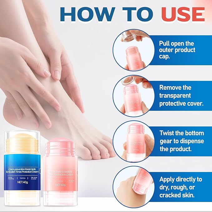 Crack Feet Prevention Stick & Moisturizing Foot Balm – Anti Crack Foot Cream for Dry Cracked Heels and Feet, Removes Dead Skin, Softens Hard Skin (Pink+Blue)