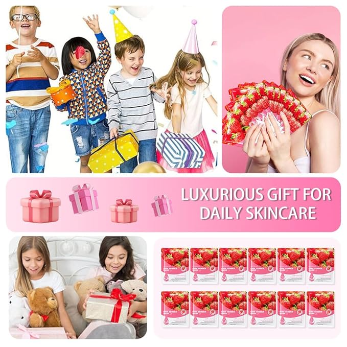 Kaely 12 Pack Strawberry Face Masks for Kids, Kids Face Mask Spa Day Kit Supplies, Spa Party Favors for Teens Girls Night, Sheet Facial Mask Skincare Gifts Set, Hydrating Soothe for All Skin Types 04