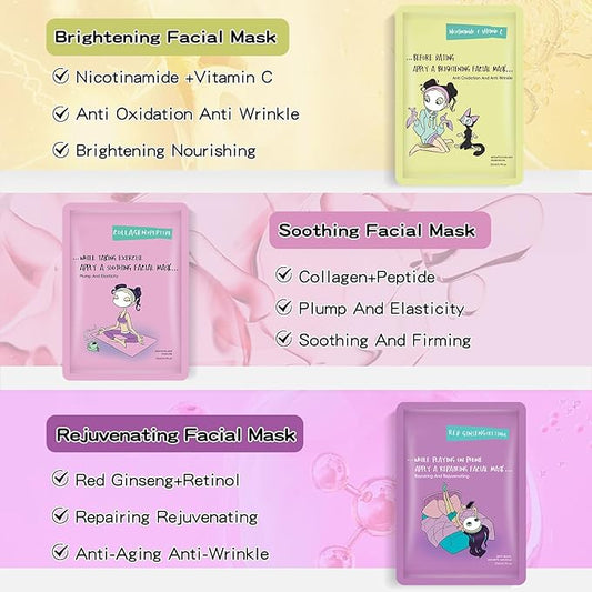 Face Masks Skincare Set for Girl,Moisturizing Collagen Facial Masks for Women Home Spa,Hyaluronic Acid Face Mask for All Skin Types,Day Night Facial Mask Hydrating,Deep Cleaning,Oil Contral(12Pack)