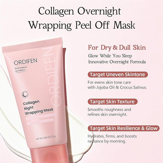 Collagen Night Wrapping Mask for Glowing Skin, Collagen Overnight Wrapping Peel Off Facial Mask for Elasticity Hydration, Reduce Sagging Dullness, 2.65 fl.oz, Pink(Brush Included)