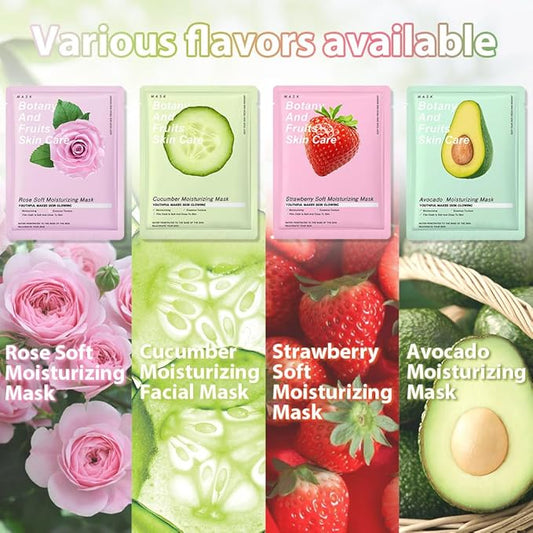 8 Pack Plants Fruits Face Sheet Mask Skincare,Hydrating Face Mask For Sensitive Skin,Moisturize,Soothing,Nourish for All Skin Types,Natural Spa Party Facial Mask Skincare Set for Women Men Girls
