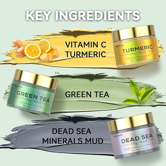 Turmeric Clay Mask, Green Tea, Dead Sea Minerals Mud Mask, Spa Facial Mask 3-Piece Set for Deep Cleansing, Moisturizing and Refining Pores, Vegan & Cruelty-Free, 7.5 fl.oz