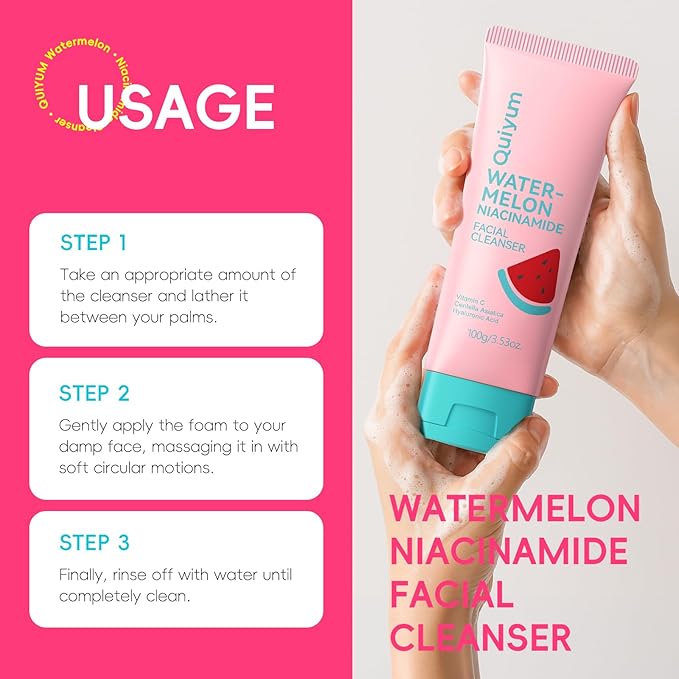 Foaming Face Wash, Watermelon Extracts, Niacinamide, Vitamin C, Hyaluronic Acid, Centella Asiatica, Exfoliating, Pore Minimizer, Hydrate, Glow, 3.53 Oz