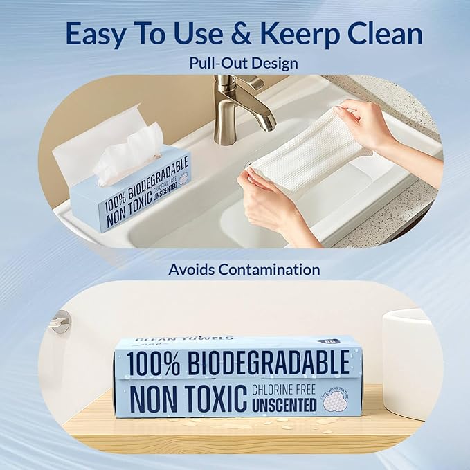 XL Disposable Face Towels, 100% Biodegradable, Non-Toxic, Unscented Thick Face Towelettes for Sensitive Skin Face Washing, Ultra Soft Makeup Remover Dry Wipes, 180 Count (3 Pack)