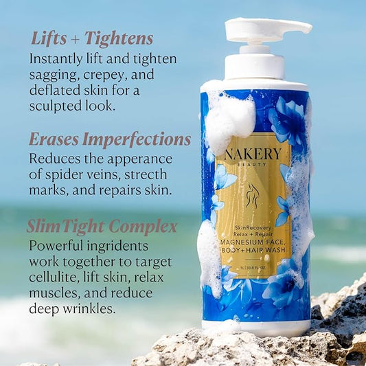 Nakery SkinRecovery Relax + Repair Magnesium Body Wash, Face Wash and Facial Cleanser with Dead Sea Salt, Epsom Salt, Magnesium Gel, Serum Infused Formula, Hydrates and Soothes, 1 Liter, Made in USA