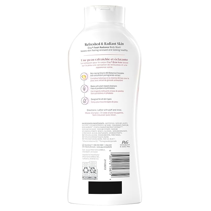 Olay Body Wash for Women, Fresh Radiance, Refreshing & Renewing, Made with Plant Based Cleansers, B3 Botanical Complex, For All Skin Types, Black Cherry & Vanilla Scent, 22 fl oz