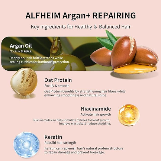 Alfheim Argan Hair Care Set | Argan Oil Shampoo, Conditioner, Hair Mask, Leave-In & Hair Oil | Frizz Control & Repair | Moisturizing & Strengthening | Sulfate-Free, Color-Safe | Holiday Gift for you