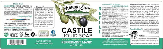Vermont Castile Soap Peppermint, Gentle Liquid Soap for Sensitive Skin & Natural Body Wash, Organic Hair Shampoo for Oily Hair, Aloe Castile Soap for Men & Women - 64 Oz