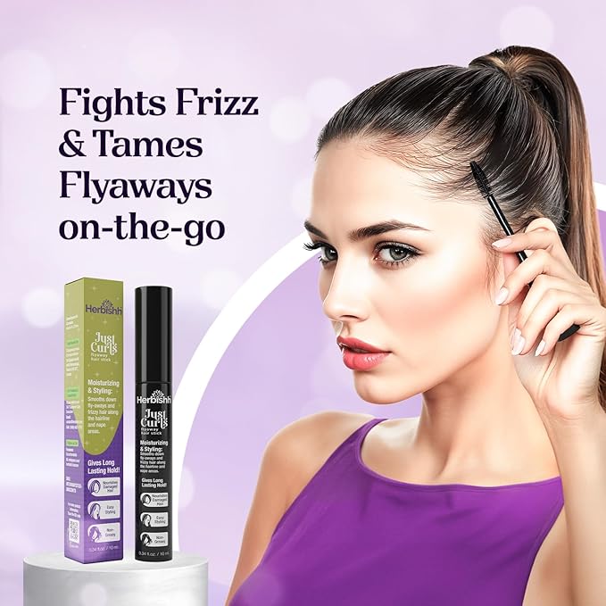 Herbishh Just Curls Flyaway Hair Stick, Quick Hair Finishing Stick for Flyaways, Frizz Control, & Slick Back Look, Non-Greasy Smoothing Serum & Frizz Tamer Wand for Hairline & Nape Areas 0.34 fl.oz