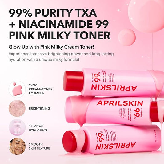 APRILSKIN TXA+Niacinamide 99 Pink Milky Toner | 99% High-Purity TXA 3%+ Niacinamide 5% for Brightening | Highly Concentrated Cream Toner | Deep Moisturizing Formula for Dull Skin | 5.07 fl.oz.