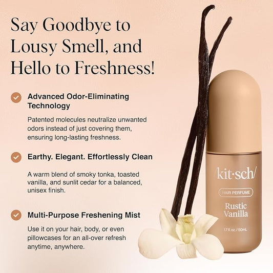 Kitsch Rustic Vanilla Hair Perfume for Women – Clean, Deodorizing & Patented Odor-Eliminating Technology Hair Spray & Body Mist - Warm Tonka, Vanilla Perfume & Cedar Blend - 50 ml