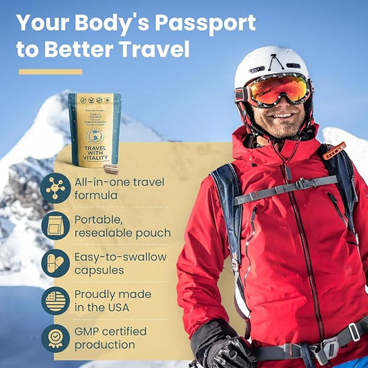 Natural Travel Pills - Traveling Supplement for Jet Lag Relief, Digestion, Immunity, Energy, Sleep, Circulation - Vacation and Long Flight Essentials for Men and Women - 30 Day Supply