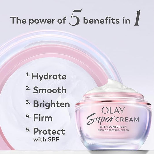 Olay Super Cream with Sunscreen SPF 30, Lightweight Face Moisturizer with Sun Protection, 5-in-1 Skin Care Benefits - Hydrating, Brightening, Firming - Niacinamide, Vitamin C, Collagen Peptide, 1.7 oz