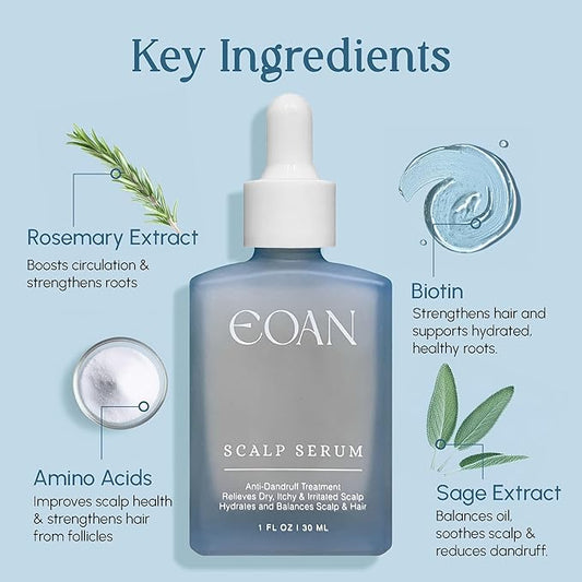 Dry Scalp Serum – Anti-Dandruff & Itchy Scalp Relief with Rosemary, Sage, Biotin & Amino Acids – Hydrating Leave-In Scalp Treatment, Vegan & Clean Formula, 1 fl oz (30 mL).