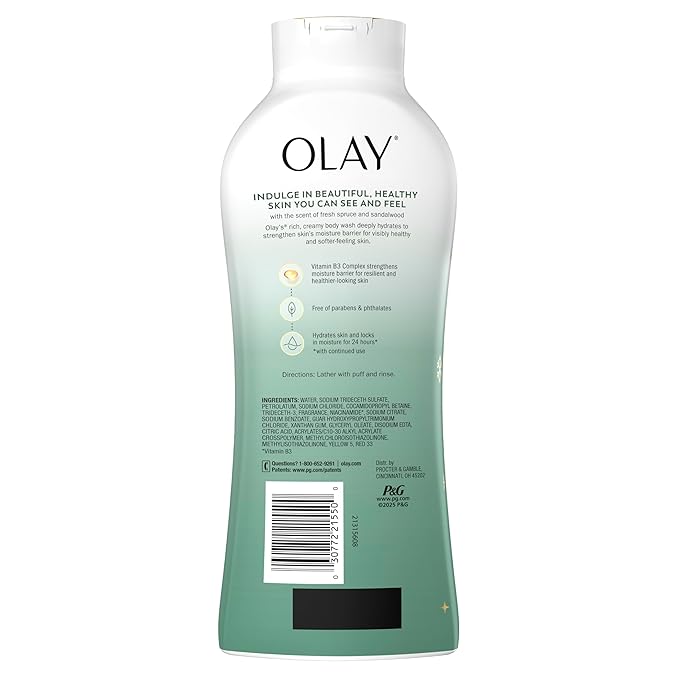 Olay Body Wash for Women, Hydrating & Moisturizing, Holiday Edition, With Plant Based Cleansers, B3 Complex, For All Skin Types, Fireside Fir with Fresh Spruce & Sandalwood Scent, 22 fl oz