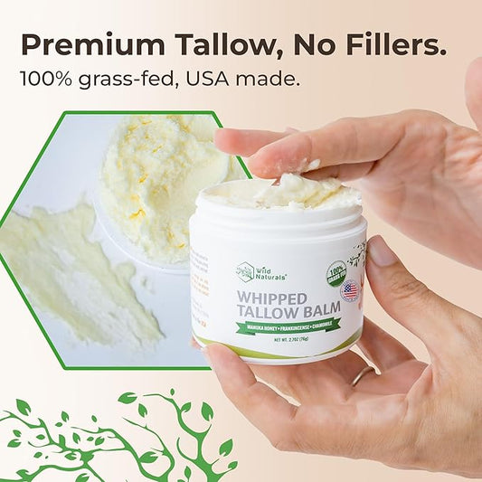 Wild Naturals Whipped Tallow Honey Balm, Grass-Fed Beef Tallow Balm for Skin with Manuka Honey & Shea Butter, Thick & Unscented for Dry, Sensitive, & Reactive Skin