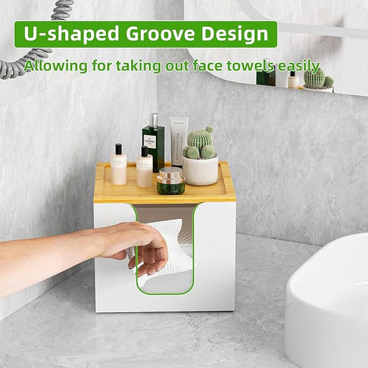 VITVITI Disposable Face Towel Holder Box, Acrylic Facial Towel Container for XL Clean Skin Club, Large Disposable Face Towels Storage with Bamboo Lid, for Bathroom, Vanity Makeup, White