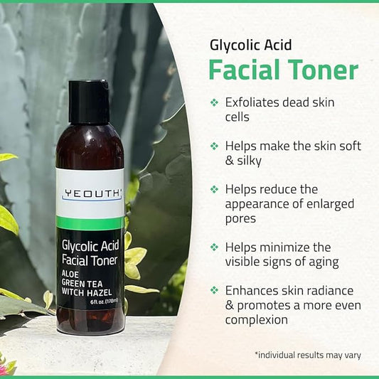 YEOUTH Glycolic Acid Toner for Face 8% with Witch Hazel, Hydrating Face Toner for Women and Men, Gentle AHA Exfoliant for Smoother-Looking Skin 6oz