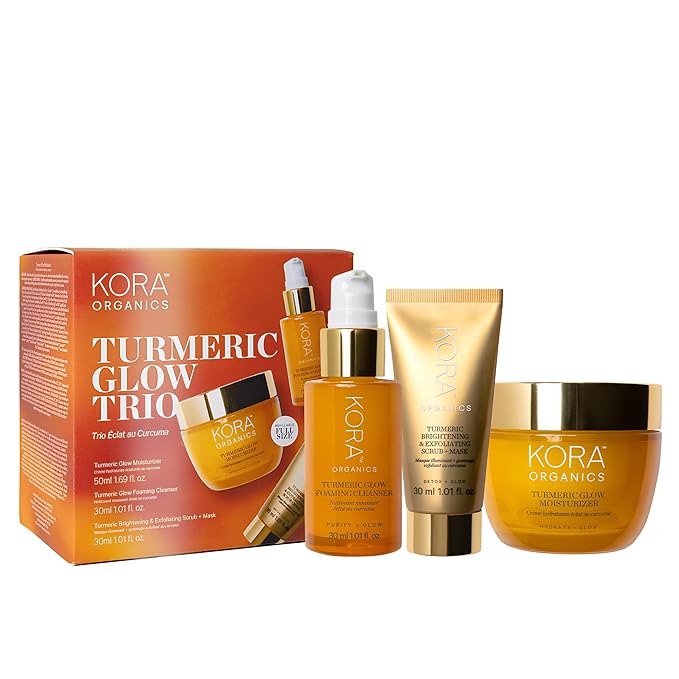 KORA Organics Turmeric Glow Brightening Trio, Gift Set with Turmeric Glow Moisturizer, Exfoliating Mask and Foaming Cleanser (3 Items)
