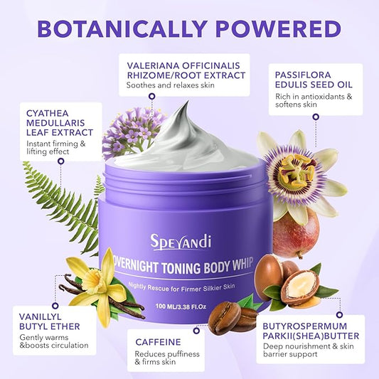 Overnight Toning Whip, Anti-Wrinkle Firming Body Lotion, Smooth & Tight Skin, Helps Target Loose Skin & Stretch Marks Removal on Belly, Thighs & Booty (3.38 OZ)