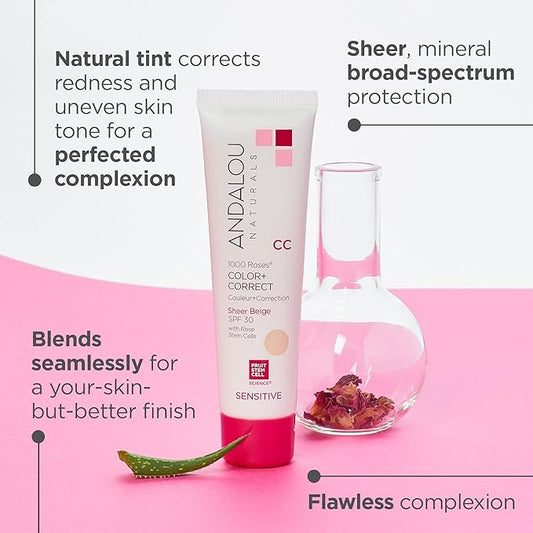 Andalou Naturals 1000 Roses CC Color + Correct with SPF 30, Sheer Beige, 2-in-1 Face Sunscreen + CC Cream for Sensitive Skin, Helps Correct Uneven Skin Tone, Reef Safe Sunscreen, 2 Fl Oz