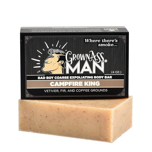Grown Ass Man Co. Exfoliating Body Bars - Solid Soap with Natural Oils & Gentle Scrub - Plastic Free & Eco-Friendly, Natural & Organic for All Skin, 4oz Bar - Campfire King - Coarse Exfoliant, 6-Pack