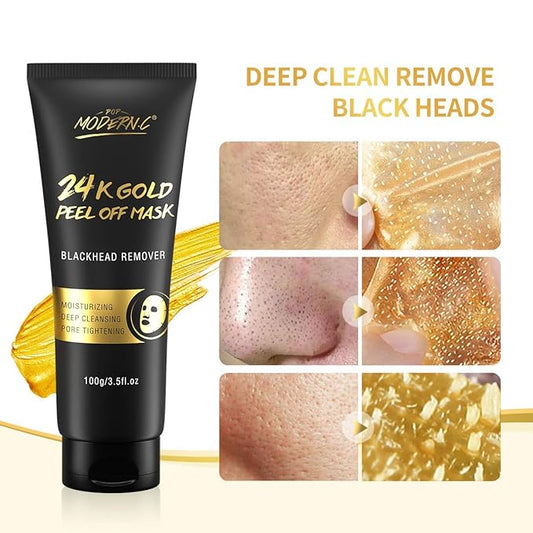 Blackhead Remover Mask, 24K Gold Peel Off Mask, Gold Facial Mask Anti-Aging, Deep Cleansing, Reduces Fine Lines& Wrinkles Great for All Skin, With Blackhead Remover Extractor Tools Kit & Mask Brush