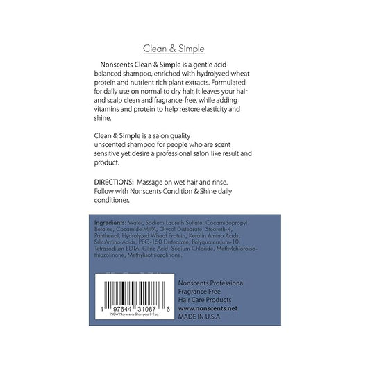 Nonscents Made in USA - Fragrance Free Shampoo - Organic Formula, Hypoallergenic for All Hair Types, Hydrating & Moisturizing Unscented Shampoo for Dry Scalp with Keratin and Silk Amino Acids