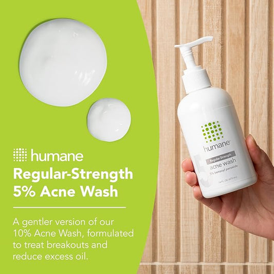 humane Benzoyl Peroxide Acne Face Wash - 5% Regular-Strength Acne Treatment for Face, Skin, Back and Body - 8 Fl Oz - Dermatologist-Tested Non-Foaming Cleanser - Vegan, Cruelty-Free
