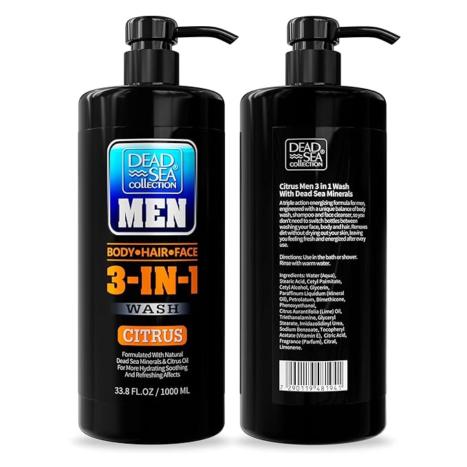 Dead Sea Collection Mens Body Wash 3 in 1 – Citrus Body Wash for Men – Shower Gel – Shampoo – Shower Soap for Face and Hair – Pack of 2 Bottles (33.8 Fl. Oz. Each)