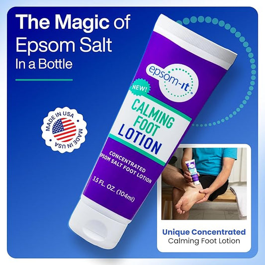 Epsom-It Calming Foot Lotion - Topical Magnesium Cream for Tired Feet & Ankles, Epsom Salt Magnesium Sulfate Rub with Urea, Soften Tough Skin & Cracked Heels, Stiffness in Legs, Knees and Feet, 3.5oz