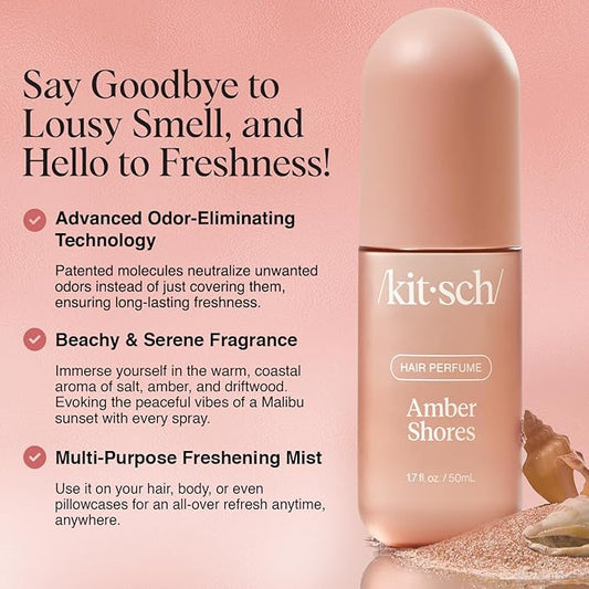 Kitsch Hair Perfume for Women - Amber Shores | Clean, Deodorizing & Patented Odor-Eliminating Technology Hair Spray & Body Mist - Freshen Hair, Body & Pillows - Woody Aquatic Scent - 50mL
