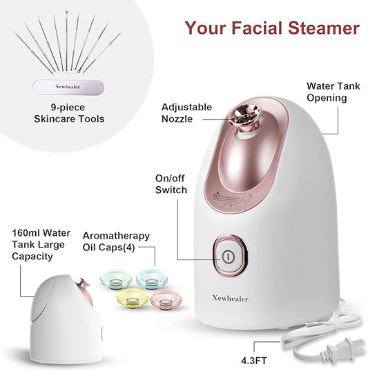 Newbealer Facial Steamer, Mini Aroma Face Steamer, Nano Ionic Hot Mist Face Humidifier for Facial Deep Cleaning, Home Sauna Spa Sprayer with 9 Pieces Acne Remover Kit (White-Gold, 160 ML)