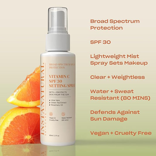 InstaNatural Skin Care Vitamin C SPF 30 Broad Spectrum Sunscreen Make Up Setting Spray, Brightens & Hydrates, UVA, UVB Sun Protection Sunblock, with Aloe Vera & Botanicals, Pump Bottle, 2 Fl Oz