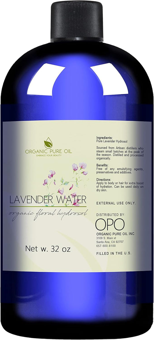 Lavender Water Hydrosol - Pure Steam Distilled Natural Non GMO Calming Bulk Body, Face, Facial Toner, Aromatherapy, Set Makeup, Cleanser Mist Spritz - 32oz - OPO