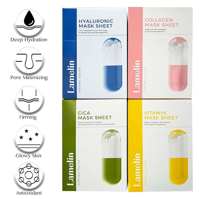 Lamelin Hyaluronic Niacinamide Sheet Mask, 10 Pack, Anti Aging Moisturizing Revitalizing Cucumber White Birch Extract Made In Korea