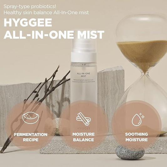 HYGGEE All in One Mist - Hydrating & Soothing Face Essence Spray for All Skin Types - Probiotics & Birch Sap Extract - Oil Control Gas Free Mist - Skin Irritation Free, 3.38 fl.oz.