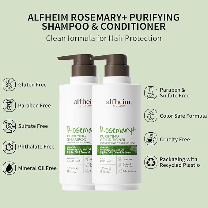 Alfheim Rosemary+ Shampoo & Conditioner Set | Rosemary & Peppermint Oil for Scalp Care & Oil Control | Jojoba & Calendula for Hydration & Shine | Sulfate-Free, Color-Safe | 18oz Each