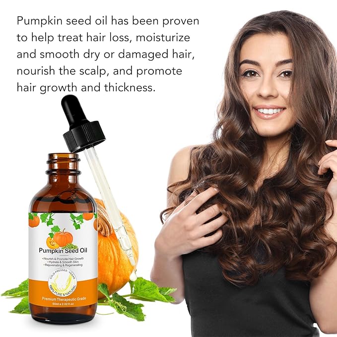 Pumpkin Seed Oil for Hair Growth 2.02 fl.oz, 100% Natural Pure Cold Pressed Pumpkin Oil for Face, Dry Damaged Hair Growth, Moisturizing Scalp Nourishment Strengthen Hair Thickness for Skin and Body