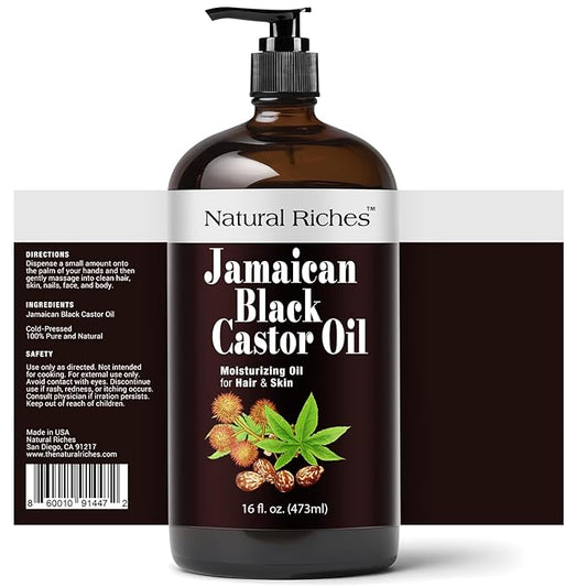 Natural Riches Jamaican Black Castor Oil Glass Bottle Pure Organic Cold Pressed for Hair Growth Skin Care for Dry Skin Conditioning Eyebrows Eyelashes Scalp and Nail Moisturizes & Repairs 16fl.oz.