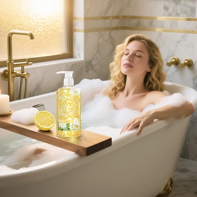 Kustie Jasmine Body Wash Deep Moisturizing Shower Gel with 640 Real Petals, Hyaluronic Acid, Niacinamide & Squalane, Rich Lather, Long-Lasting Natural Scent for Dry & Sensitive Skin, 24.3 fl oz