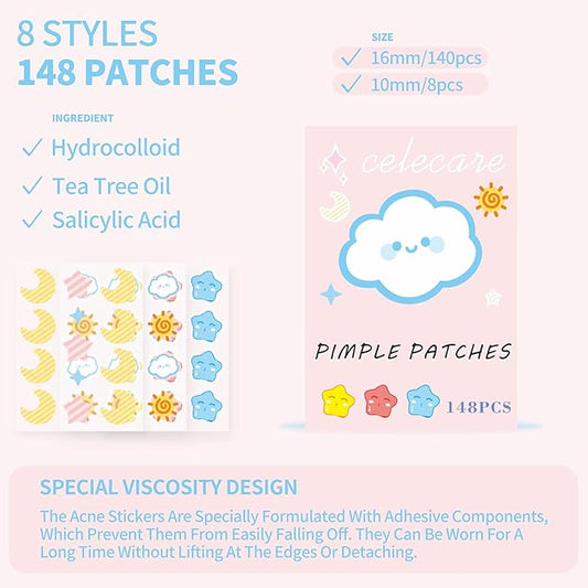 Pimple Patches,Pimple Patches for Face,Hydrocolloid Acne Patches, Pimple Patch Cute, Salicylic Acid &Tea Tree Oil,8 Unique Acne Patch Designs,148 Count