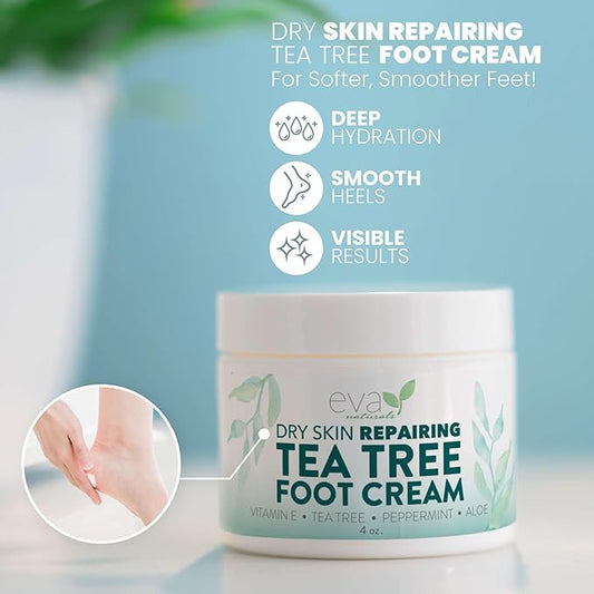 Eva Naturals Tea Tree Foot Cream – Moisturising Foot Lotion & Balm for Dry, Cracked Heels & Feet with Peppermint, Menthol, Spearmint, Aloe, Sunflower Oil & Geranium – Cream for Men & Women, 4 Fl Oz