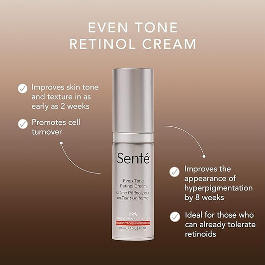 Senté Even Tone Retinol Cream | 0.5% Retinol Combined with HSA & Skin-Firming DSA | Improves Skin Tone, Texture, & Dark Spots | 1.0 Fl Oz