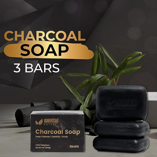 AMVital Natural Charcoal Soap Bar Set - 3-Pack Plant-Based Face & Body Soap for Daily Use - Deep-Cleansing Bar Soap for All Skin Types - Vegan Gift Set for Men & Women
