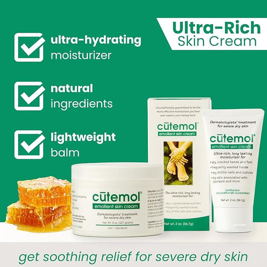 Cutemol Emollient Moisturizing Cream - Serious Moisturizer Lotion Balm for Recovering Dry, Damaged Skin - Hydration for Cracked Hands and Feet, Eczema, Psoriasis, and Raw Skin (8 oz)