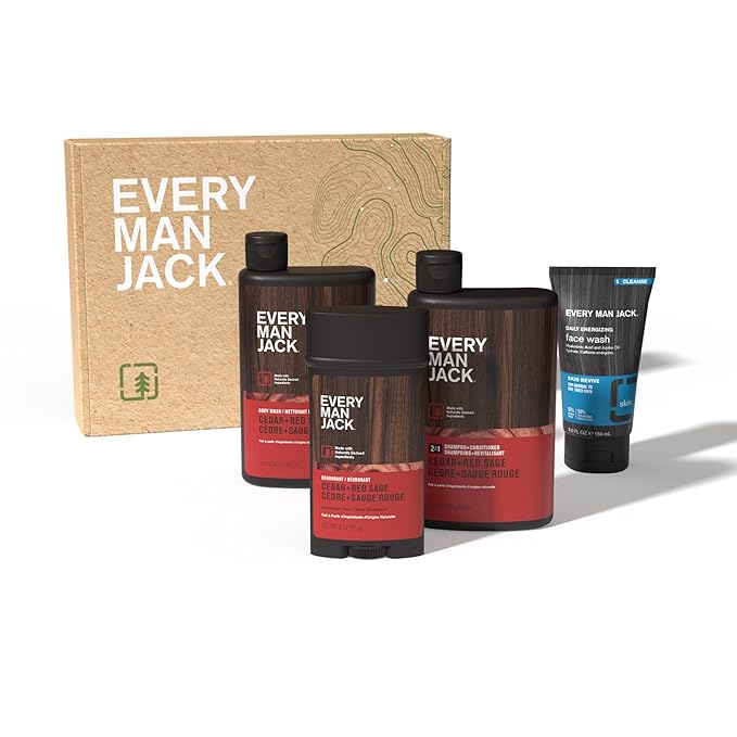 Every Man Jack Men’s Cedar + Red Sage Bath and Body Gift Set - Clean Ingredients & Cedar, Sage, and Spice Ccent - Round Out His Routine with Men’s Body Wash, 2-in-1 Shampoo, Deodorant & Face Wash